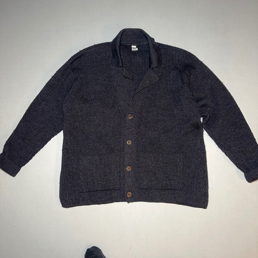 Peruvian Connection Cardigan Mens L Charcoal Wool Ribbed Shawl Dark Academia